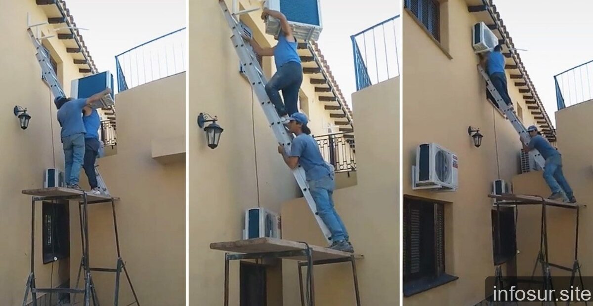 Dos técnicos se caen durante instalación de aire acondicionado en TikTok