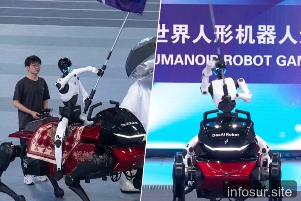 En China, robots humanoides montan a caballo. El caballo también es un robot